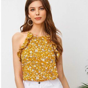 Ruffle Trim Crisscross Back Floral Print Cami Top